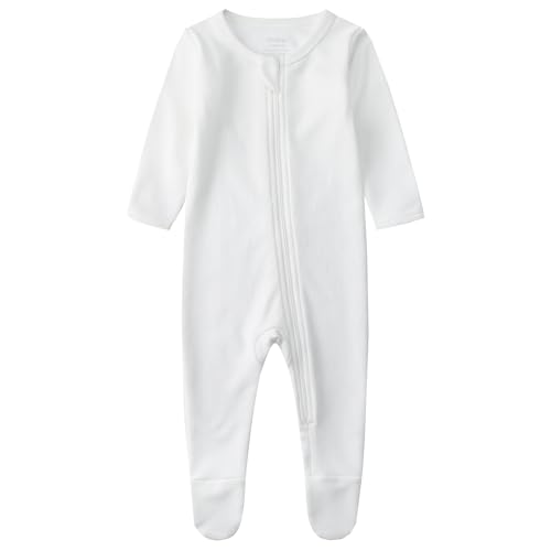 Owlivia Organic Cotton Baby Pajamas, Boys Girls Zip Front Sleep 'N Play, Footed Sleeper, Long Sleeve(0-3 Months, Ivory White)