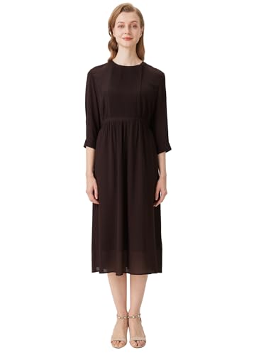Spring Women's Casual 3/4 Sleeve Dress Mulberry Silk Flowy Dresses Crew Neck Relaxed-Fit Midi Dress