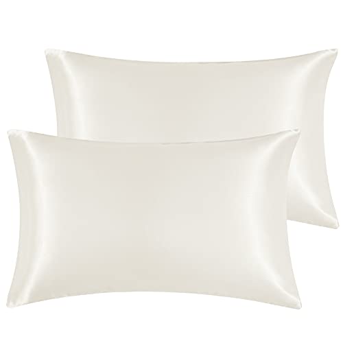 Hansleep Set of 2 Silky Queen Satin Pillowcase, Soft Pillow Cover for Hair and Skin, Wrinkle, Fade Resistant with Envelope Closure (Ivory, Queen 20x30)