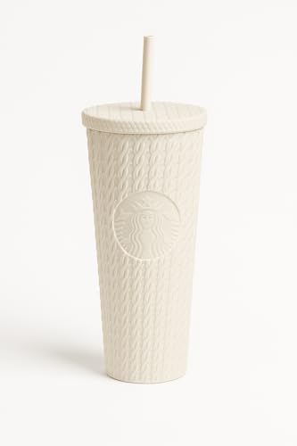 Starbucks Fall 2025 White Cable Knit Tumbler with Straw 24oz – Limited Edition Stainless Steel Cold Cup for Iced Beverages and Seasonal Collectors