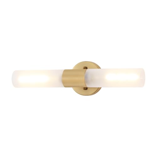 Image of BYOLIIMA Gold Knurled Texture Wall Sconce Frosted Glass Shade Modern Bathroom Vanity Light Fixtures 2-Lights Mid Century Wall Light for Mirror Living Room Hallway E26 T10 Bulbs(Excluded)