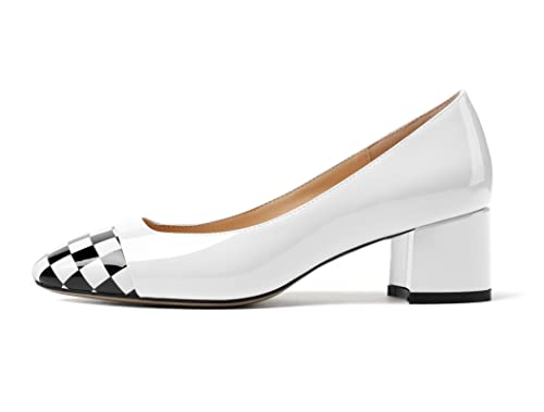 Women's Low Block Chunky Heel Pumps Cap Toe Checkered Pumps Slip on 2 Inch Square Toe Shoes for Pary Dress Work Office Workplace2