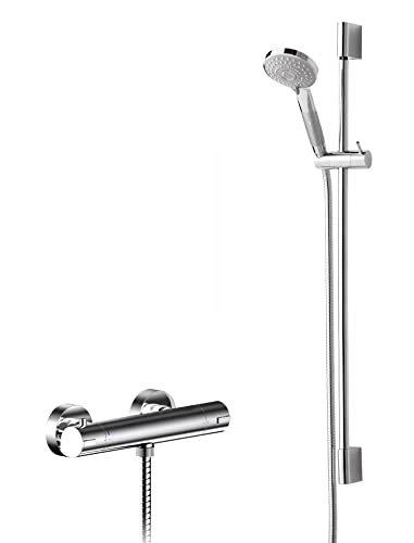 Hudson Reed SBR100BV1 Moderno Kit de válvula de Barra termostática Redonda y riel Deslizante Delgado con Auricular multifunción, Cromado Cover