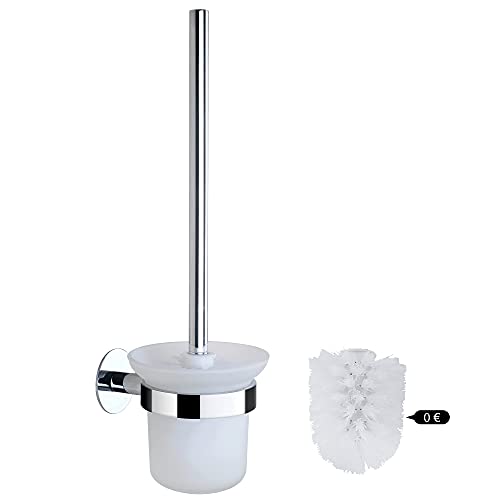 DUFU Brosse WC et Support, Ensembles de Brosses de Toilette pour Salle de Bain avec Poignée en Acier Inoxydable et Bol en Verre Trempé,Auto-pâte Mural et 2 Têtes de Brosse à Poils Souples Argent