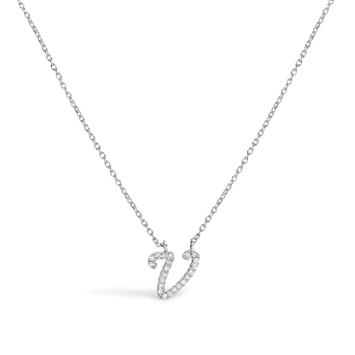 14K White Gold Diamond Accent "V" Initial Script Style Pendant Necklace