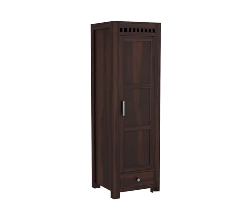 Image of Sheesham Wood Wooden Single Door Wardrobe Organizer for Clothes | - Solid Wood Almirah with 1 Drawers, 4 Shelves - Cupboard for Large Bedroom, Walnut Finish