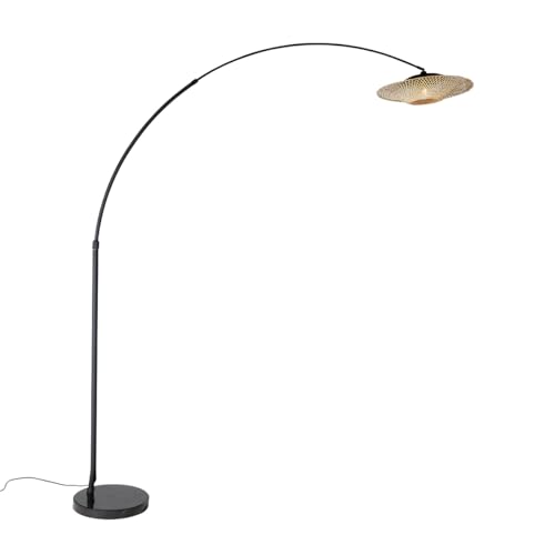 Qazqa - Moderne Bogenleuchte I Bogenlampe I Lampe I Leuchte schwarz mit orientalischem Schirm und Bambus 50 cm - XXL Rina I Wohnzimmer I Schlafzimmer - Rattan Länglich - LED geeignet E27