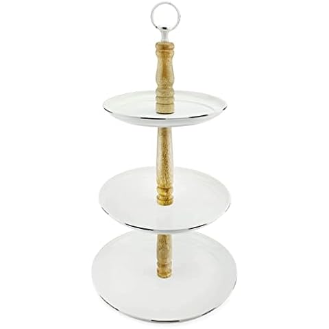 AuldHome Rustic White Tiered Stand (3-Tier Tray, White Distressed Enamel); Decorative Metal Cupcake Tray Tower in Farmhouse Vintage Enamelware Cover