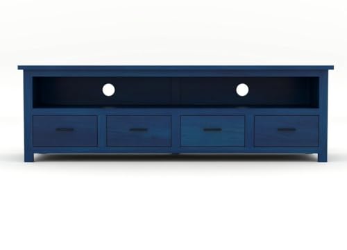 Image of Sheesham Solid Wood TV Cabinet for Living Room | Handcrafted Wooden TV Unit with Storage | Elegant Entertainment Stand for Modern Homes (4 Drawer Tv Cabinet, Blue)