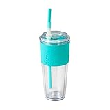 Copco Lock-n-Roll Double Wall Tritian Spill-Proof Tumbler with Soft Grip Sleeve and Patented Flip Up Straw, 20-Ounce, Teal