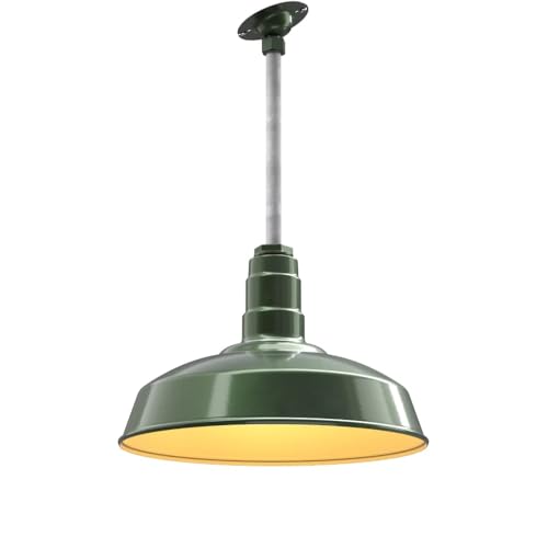 Image of Steel Lighting Co. Carson Barn Light | Ceiling Mounted Pendant | 16 inch Dome | 12 inch Sloped Stem | Industrial Style Steel Light Made in America | Hunter Green Exterior /Brass Interior