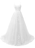CWOAPO Spaghetti Straps Long Prom Dresses for Teens 2025 Lace Appliques Tulle Ball Gown Prom Dress Wedding Gowns with Pockets White US0