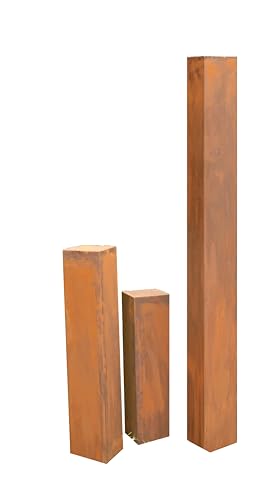 GARTENDEKOSHOP24 - Gartendeko Metall, Dekosäulen Garten, Edelrost, 3er, 150/80/60 cm, für draußen. 3 Rostsäulen, Stelen, handgemacht, viereckig aus Rost, wetterfest. Tolles Outdoor Geschenk.