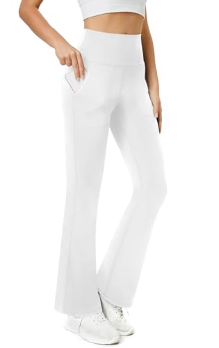Friptspyg Damen Hose mit Taschen Casual Arbeit Hose High Waist Yogahose Stretch Jogginghose Bootcut Sporthose Freizeit Yoga Pants, Weiß M