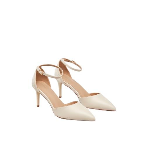 Flora Bella by Shoexpress Womens Monogram Embossed Pointed Toe Shoes with Stiletto Heels and Buckle Closure Cream 41 EU