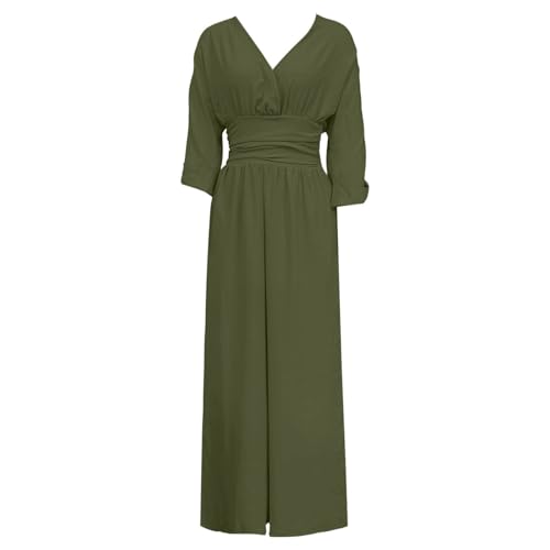 Viunychn Combinaison d'été élégante avec manches pour femme, combinaison festive, longue, cintrée, pantalon pour invité de mariage, combinaison à jambes larges, col en V, barboteuse pour femme – vue 3
