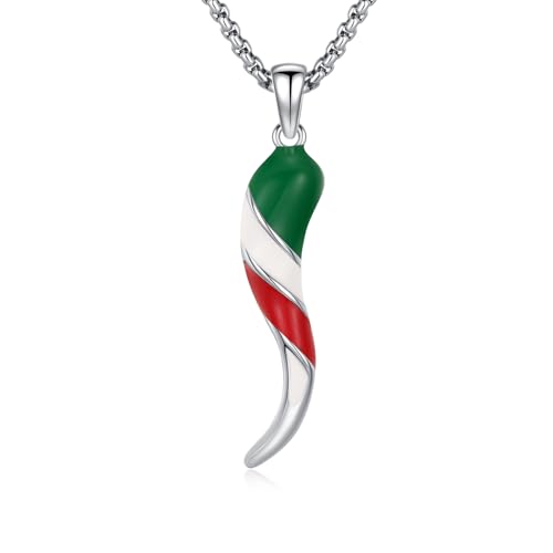 925 Sterling Silver Italian Horn Necklace for Men Women Italian Flag Cornicello Pendant Good Luck Amulet