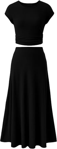 BUNSLOOM Damen Zweiteiler Sommeroutfit Elegante Casual Strick Kurzarm Crop Top Hohe Taille Midi Rock