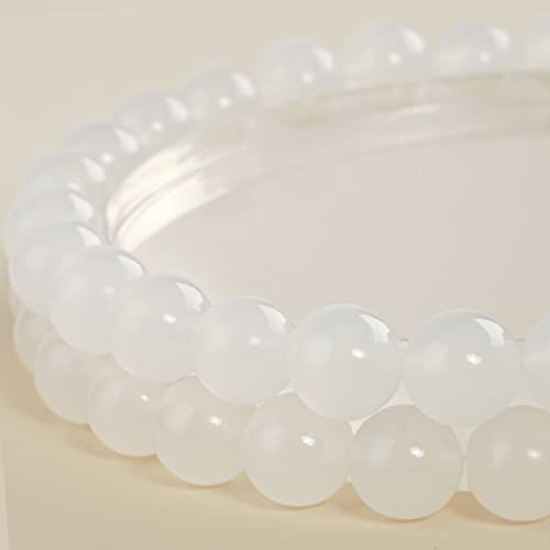Lot de 45 perles rondes en agate blanche naturelle de 8 mm pour la fabrication de bijoux, bracelets, colliers – Comprend un cordon extensible en cristal –...