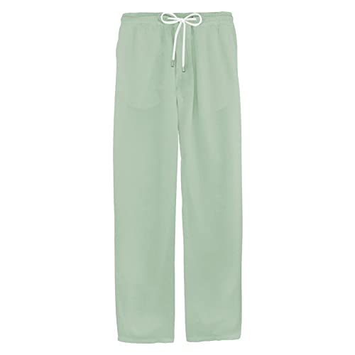 Maiyifu-GJ Men's Drawstring Linen Cotton Pants Lightweight Summer Beach Yoga Pant Elastic Waist Casual Loose Fit Trousers (Green,Large)