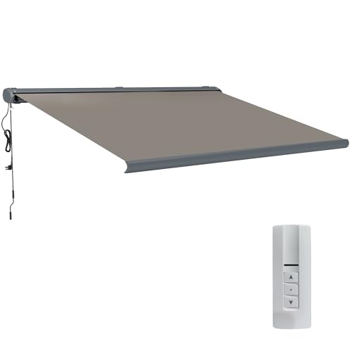 Outsunny 4 x 3(m) Full Cassette Electric Awning with Remote Controller, Aluminium Frame DIY Retractable Garden Awning, UPF50+ Sun Shade Canopy for Deck Door Window, Light Grey