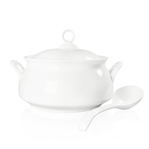 dingdaer Ceramic Serving Soup Tureen Bowls with Lid and soup spoon, 2.4 QT White French Serving Tureen, Lovely Soup Pot for Casserole dish Salad Pasta Noodles Stew, Microwave Dishwasher Safe