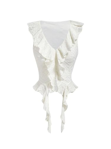 Floerns Women's Y2K Asymmetrical Ruffle Concert Top V Neck Sleeveless Textured Going Out Western Crop Tops