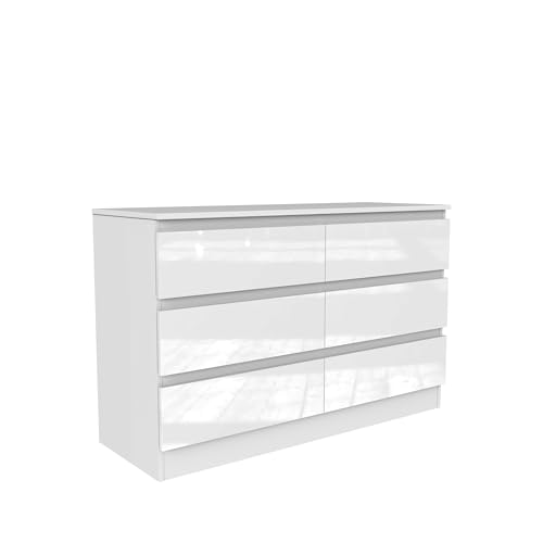 Nera High Gloss 6 Drawer Chest of Drawers Wood Dresser Drawers for Bedroom Furniture Storage Unit Drawers for Clothes (White Gloss (Matt White))