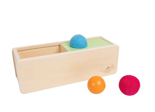 Image of Leticia's Corner Montessori-Inspired Wooden Object Permanence Box, Sliding Top Box with Felt, Wooden and Knitted Balls, Imbucare Box, Ball Drop, Montessori Toy for Babies 6 Months and Older