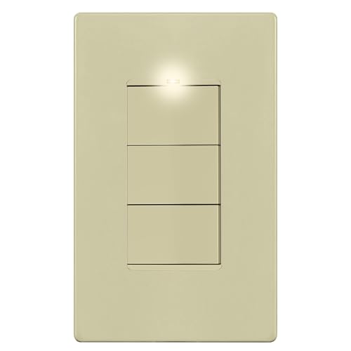 Image of LIDER Lighted Triple Switch with Screwless Wall Plate, Combination Frameless Decorator Switch with Locator Light, Ground Terminal, Single Pole, 15A 120V, UL Listed, Thermoplastic, Matte Ivory