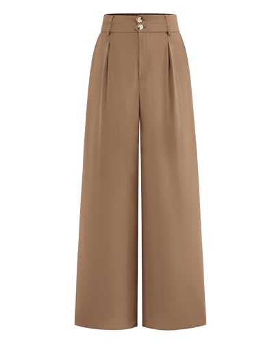 BTFBM Women Wide Leg Dress Pants 2025 High Waisted Button Pleated Business Casual Trousers Office Work Palazzo Pants(Khaki, Large)