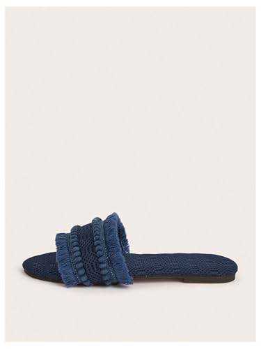 Image of OYOANGLE Women's Fringe Straw Sandals Crochet Open Toe Single Band Flat Slip On Sandals