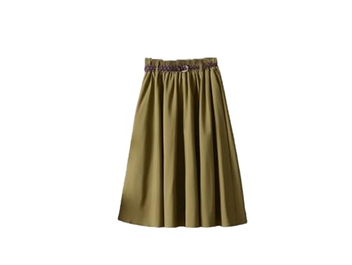 Women Midi Knee Length Skirt Women with Belt High Waist Pleated A-Line School Skirt