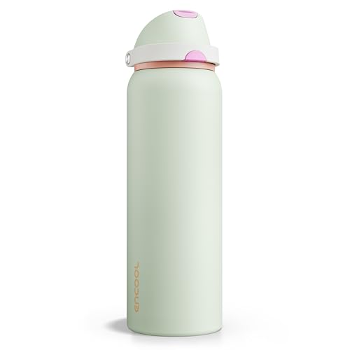 Image of Insulated Water Bottle with Straw - Encool Stainless Steel Water Bottle with Push Button Lid, Leak-Proof & BPA-Free, Keeps Cold for 24 Hours for Sports, Travel, Gym (40 oz, Geyser Green)