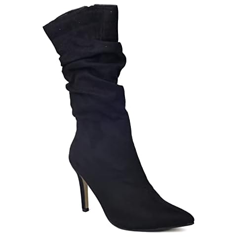 ComeShun Kitten Heel Mid Calf Boots Classic Wrinkle Vamp Slip On Booties Black Size 8 Cover