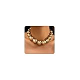 Jumwrit Dainty Big Ball Beaded Choker Necklace Boho Chunky Bib Chain Necklace Hip Hop Punk Statement Heavy Necklace Accessories for Women (Gold)