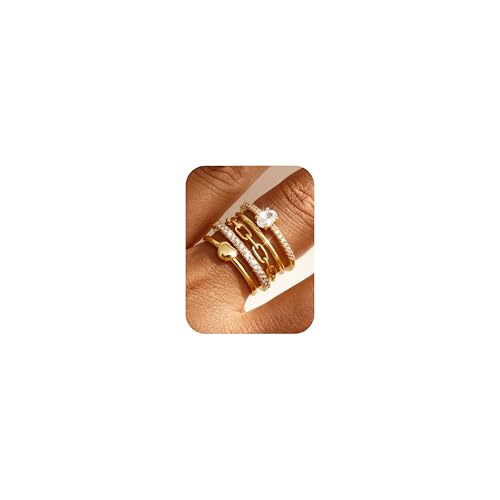 FIASASO Gold Rings for Women Non Tarnish - 5Pcs Dainty Stackable Rings 14K Gold Plated Cubic Zirconia Stacking Rings Non Tarnish Waterproof Minimalist Thin Stack Ring Size 5 6 7 8 9 10