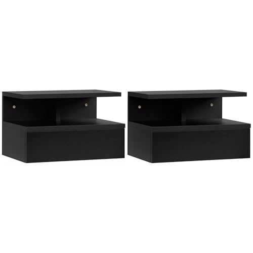 HOMCOM Juego de 2 Mesitas de Noche Flotantes Mesitas de Noche Colgantes con 1 Cajón y Estante Abierto para Dormitorio 35x32x22,5 cm Negro