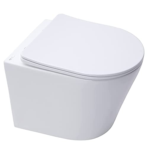 Wall Hung Rimless Toilet Pan, Short Projection Including Slimline Soft Close Seat - Hidden Fixations, Gloss White (RIMANO)
