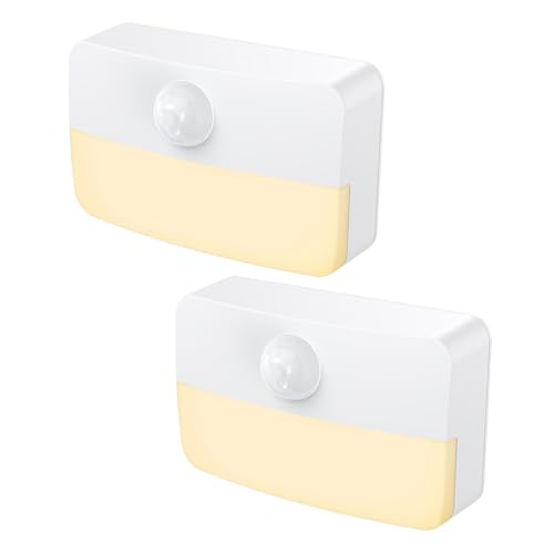 【2 Pack】Motion Sensor Night Light, Stick-On Motion Sensor Lights Indoor, Battery Powered Under Cabinet Kitchen Lights with Adhesive Pads, Auto/On/Off for Cupboard Wardrobe Stair Kitchen- Warm White