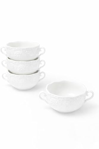 LEONARDO LUXURY HOME DESIGN Set 4 Tazze Consommé Porcellana Bianca 250 ml Doppio Manico Lavastoviglie Microonde Zuppa Minestra Antipasto Idea Regalo