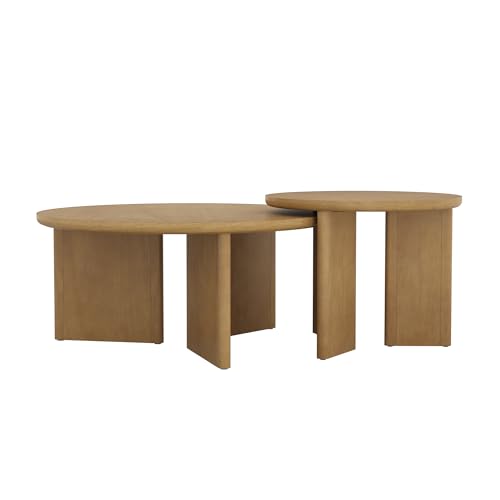 Image of Nathan James Davis Round Wooden Coffee Table, Nesting Coffee Table Set, Nested Table Furniture for Living Room, Light Brown