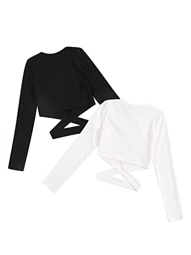 Milumia Girl's 2 Piece Casual Cut Out Crisscross Crop Tee Long Sleeve T Shirts Tops2