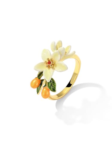 Orange Blossom Flower Kumquat Enamel Adjustable Ring Handmade Jewelry Gift Juicy Grape Mothers' Day