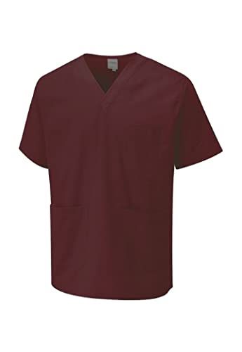 Adults Front Pockets Workwear Scrub Tunic Shirts Unisex Short Sleeve V Neck Tops Maroon