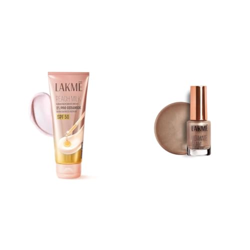 Image of Lakme Peach Milk Sunscreen Moisturiser SPF 50 PA with 2% Pro-Ceramides Peptides LAKME Ultimate Glam Chrome Nail Paint, Brown 6ml