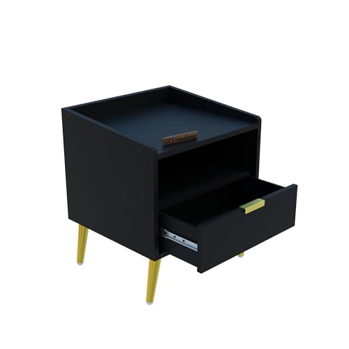 Image of Wooden Bedside Table for Bedroom | Wooden Bed Side Nightstand Lamp Table with 1 Drawers & Open Shelf Storage for Home & Hotels | HDMR Premium Wood & Iron Legs | Black (Pack of 2)