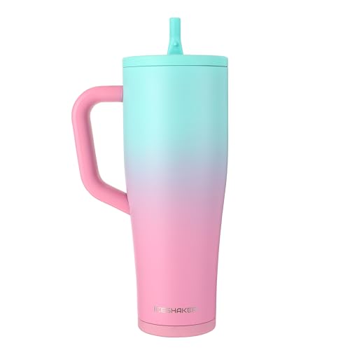 Image of Ice Shaker 40 oz Tumbler with Handle and Straw | 40oz Pink Mint | Cold for 30+ Hours | 2-in-1 Tumbler Shaker Bottle | Odor-Free 40 ounce Bottle for Water, Protein Shakes, Smoothies, Cocktails