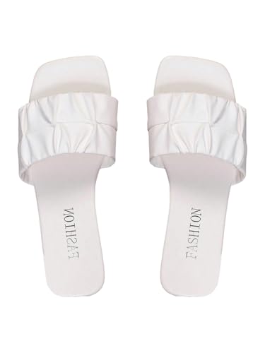 Women's Ruched Square Toe Flat Sandals Single Band Summer Dressy Vacation Slip on Slides