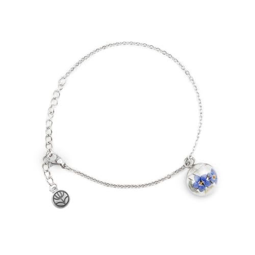 Gioielli Botanici Bracciale con Non Ti Scordar di Me, Acciaio Inox - Regolabile - Ampolla in Vetro con Fiori Naturali
